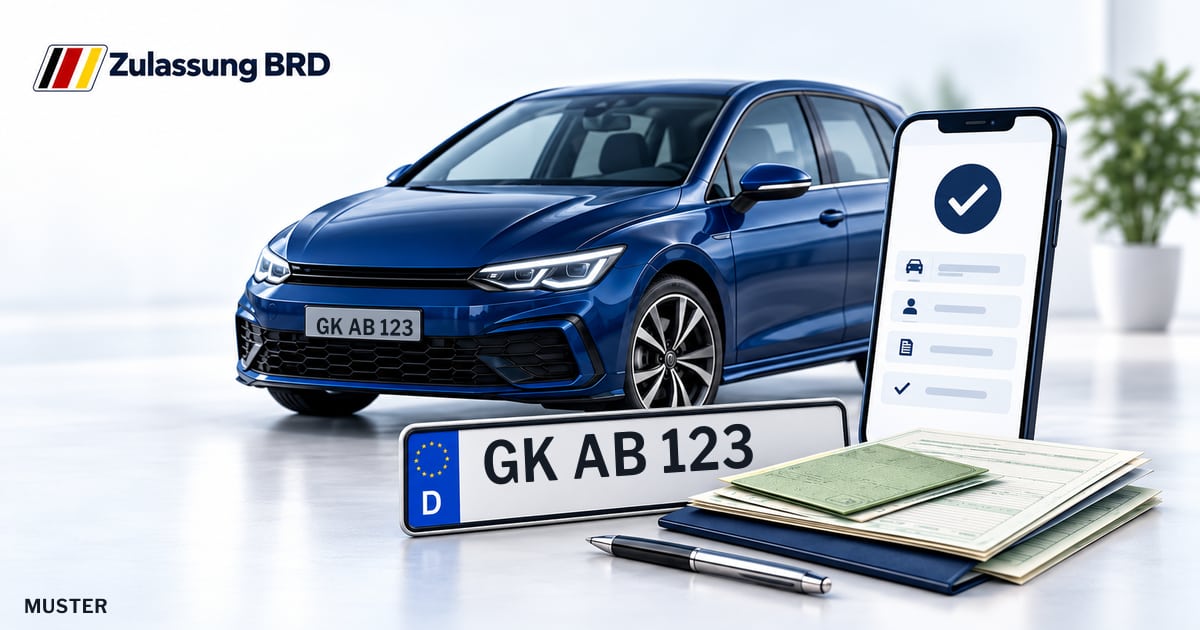 Online Fahrzeugzulassung in Landkreis Heinsberg: Musterkennzeichen GK AB 123, Auto und Fahrzeugpapiere und Smartphone. Illustration mit Logo von Zulassung BRD.